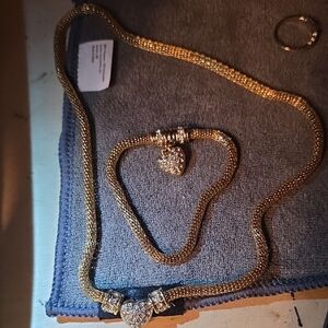 Gold Mesh Popcorn Chain Heart Necklace & Bracelet Set Magnetic Clasp